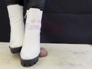 Preview 3 of Crushing and Trampling Slave's Cock in White Dangerous Heeled Boots - CBT