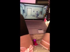 tiktok girl uses pink toy while watching porn / hentai