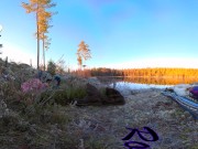 Preview 2 of Sex on a reindeer skin next to a forest lake - RosenlundX - VR 360 - 5,7k 30fps