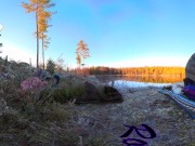 Preview 3 of Sex on a reindeer skin next to a forest lake - RosenlundX - VR 360 - 5,7k 30fps