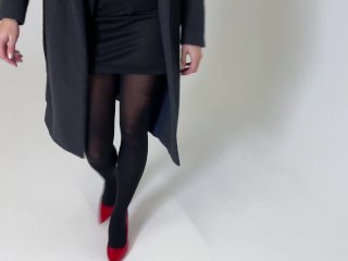 Before Night Out With Girls,Black Sating Pantyhose & Red High Heels #28