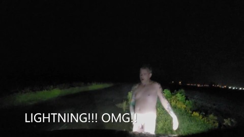 Having naked fun out in the open during a storm, Thunder hits near by and got very scared