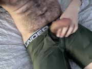 Preview 2 of hairy arab jerking off and blowing a fat load of cum in my underwear Under Armour boxer briefs