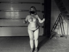 Jumping over a rope. Mature BBW MILF shaking big tits.