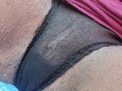 Outside on all four peeing my panties as I show you my hair vagina slurp my pee up and spit it on u