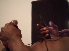 He loves to play with his big black cock while u watch.