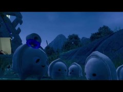Blue haired and black teen get destroyed by massive giant