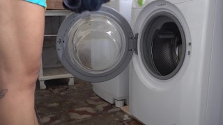 STEPMOM gets stuck in the WASHING MACHINE and I fuck her until I cum inside