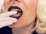 Medical nitrile white nurse gloves and fur with dark lipstick - Blonde ASMR