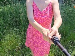 Sexy MILF walks naked in a field outside the city. Big natural boobs. Nudism. Compilation 1