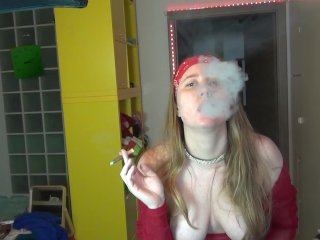 big boobs, smoking cigarette, red lingerie, fetish