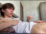 Preview 5 of Cute twink jerks off his cock on the bed of his older brother and cums right on his shirt