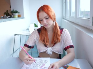 Schoolgirl Draws a Coloring Book and Spreads her Legs when a Guy comes for Creampie