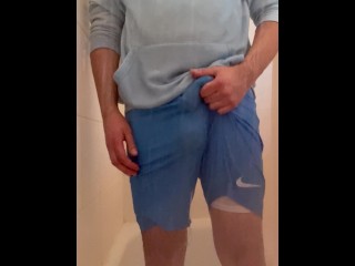 HORNY AMATEUR WANKING & getting WET ** GYM SHORTS + CUMSHOT **