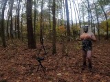 Giant fake tits cross dresser naked and exposed in a public wood masturbating cum shot