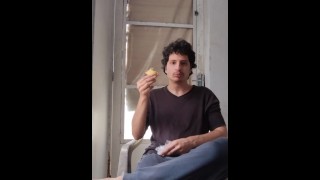 Big nose guy, eating trash food ( foot fetish ( food fetish ) / guy eating 