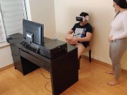 Preview 2 of Hot mother masturbates next to her son while he watches porn with virtual reality glasses
