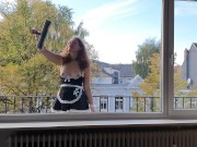 Preview 1 of Good slutty maid cleans her Dom's windows and is used as reward