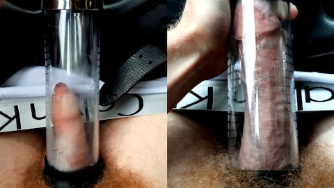 The male pumped up his penis with a pump and cum inside