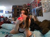Cat Girl with Pigtails  Plays with Vibrator, Deepthroats Monster Dildo