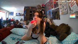 Cat Girl With Pigtails Plays With Vibrator Deepthroats Monster Dildo