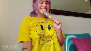 Otaku Girl In Pantyhose Rubs A Lollipop Up Her Ass
