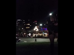 Milf masturbates and cums busy downtown city corner after pissing,risky