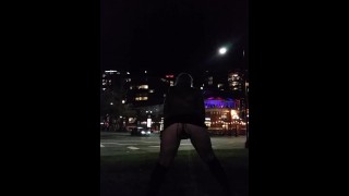 Milf masturbates and cums busy downtown city corner after pissing,risky