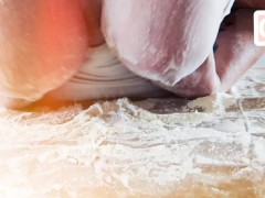 BBW plays with her big natural tits with flour