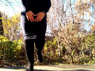 Sexy MILF in Long Skirt and Boots Pissing Outdoors Rear View