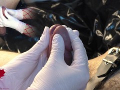 Video Mistress masturbates my cock with white gloves. I cum while she works my urethra with the dilator.