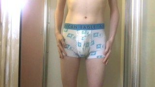 Young Twink Pisses in White AE Boxer Briefs and Gets Hard