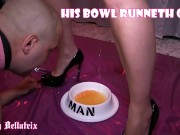 Preview 2 of His Bowl Runneth Over - Lady Bellatrix pissing in bowl for slave's pee soup (teaser)