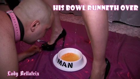 His Bowl Runneth Over - Lady Bellatrix pissing in bowl for slave's pee soup (teaser)