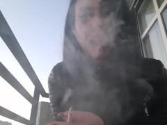 Smoking fetish from sexy Dominatrix Nika. Pretty woman blows cigarette smoke in your face