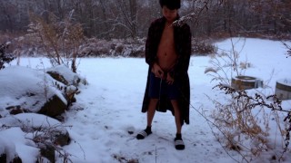 Peeing in nature during a snow shower
