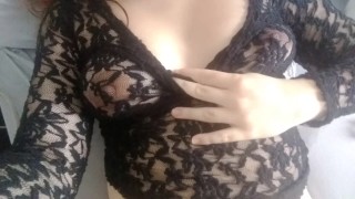 See trough lace lingerie top - sexy dark hard nipples under clothes - puffy perky tits natural boobs