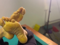 Barefeet throat job on the pool table