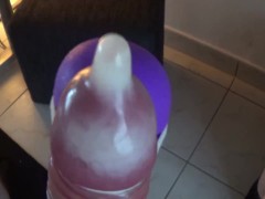 BIG COCK GETS MILKED DRY HANDSFREE INTO CONDOM BY STRONG VIBRATOR
