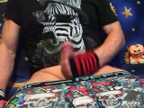 German emo twink jerking with vibrating toy, big cumshot on black table