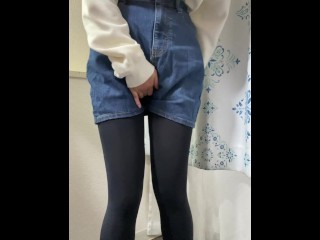 Peeing in a Denim Mini-skirt
