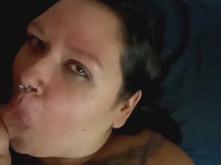 bbw, brunette, kissing cock, pierced
