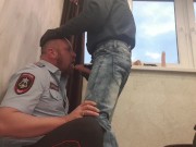 Preview 1 of TOUGH SKINHEAD fuck the THROAT of a POLICEMAN with BIG DICK and VERY HARD FACE SLAPPING and SPITTING