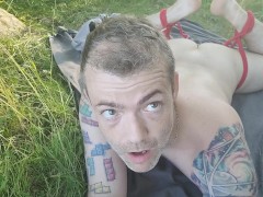 Caught naked and vulnerable by a public lake. Kayaker passing while experimenting self bondage