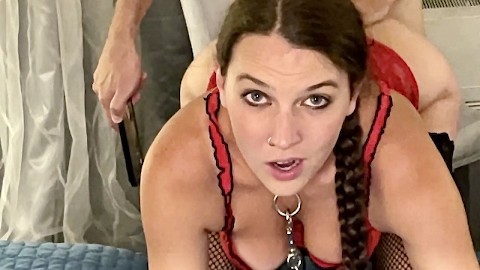 Submissive whore on leash eats ass, chokes on cock and gets fucked hard