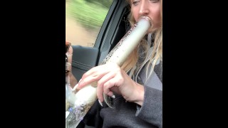 BLONDE GANJA GODDESS 420 SMOKER BABE WEARING COOKIES HOODIE HITS BONG IN CAR IN PUBLIC ASMR FETISH