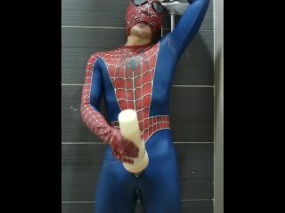 spiderman, superhero cosplay, orgasm, solo male