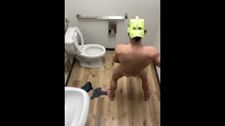 Male self piss and cum with buttplug deep in ass (Public restroom)