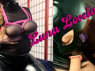 Luna Lovelace - Pink Shibari Chest Harness / Latex Hood / Licking Leather Pants
