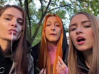 Você é Parado Por Garotas Unknown Para Ser Humilhado - POV Triple Spitting Femdom on Public